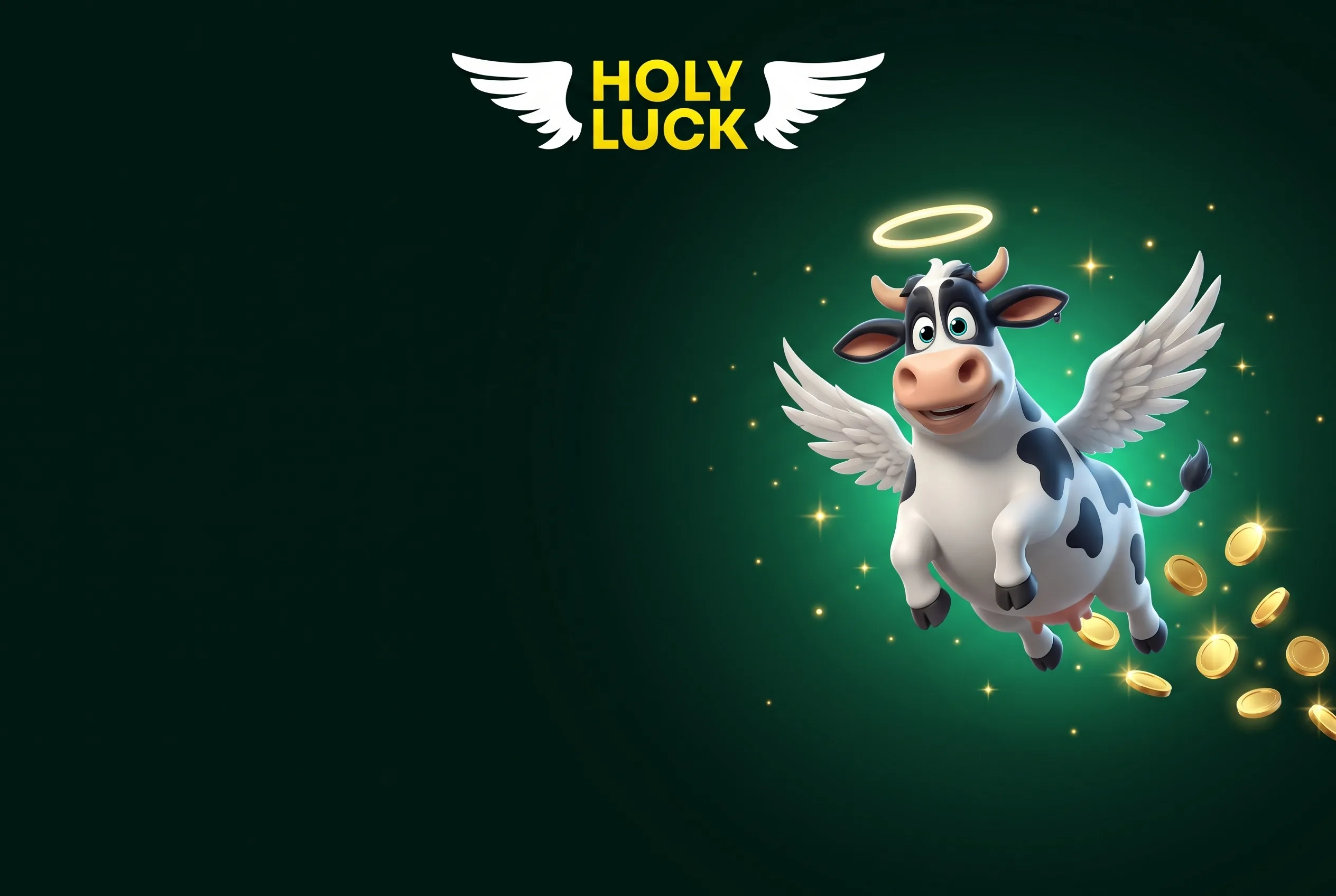 HolyLuck winged mascot with gold casino chips on a green background