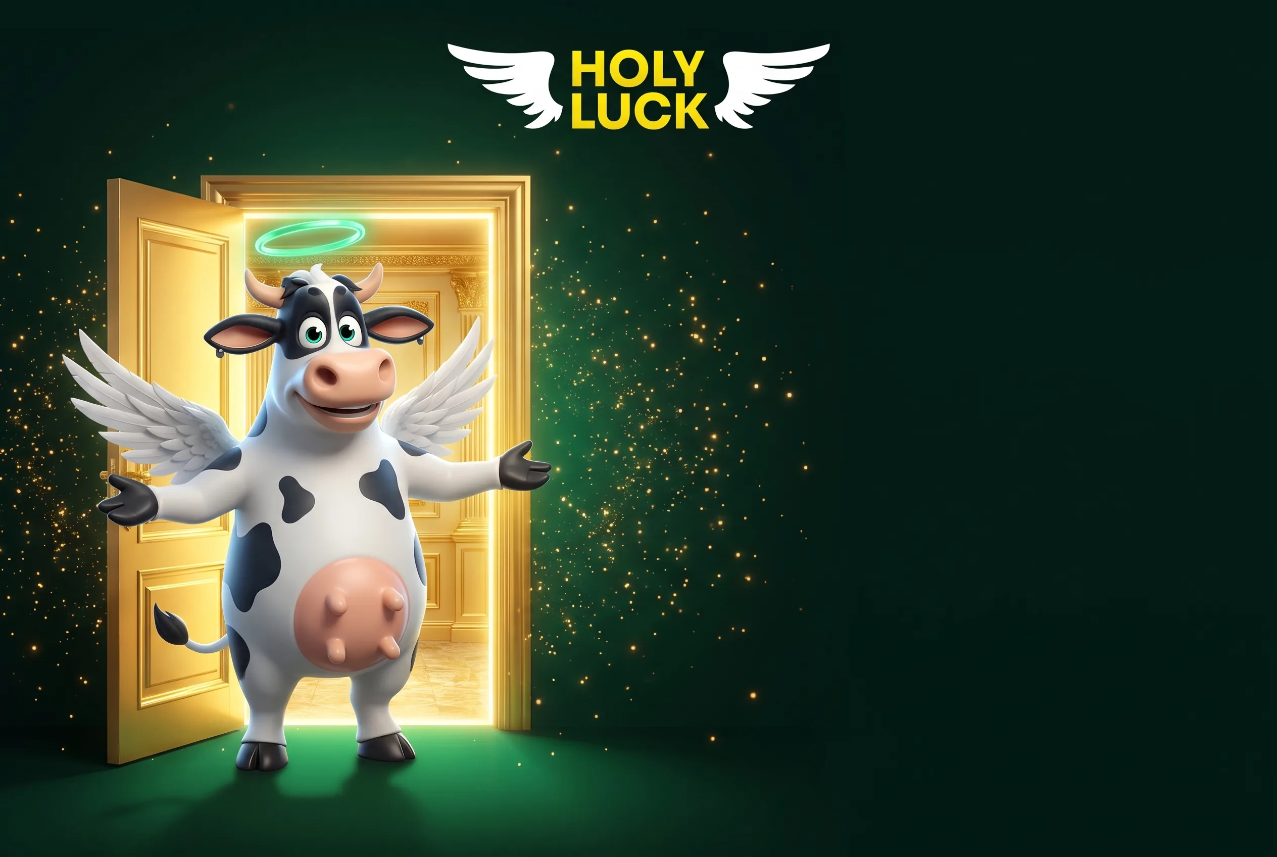 HolyLuck winged mascot welcoming visitors through a golden doorway